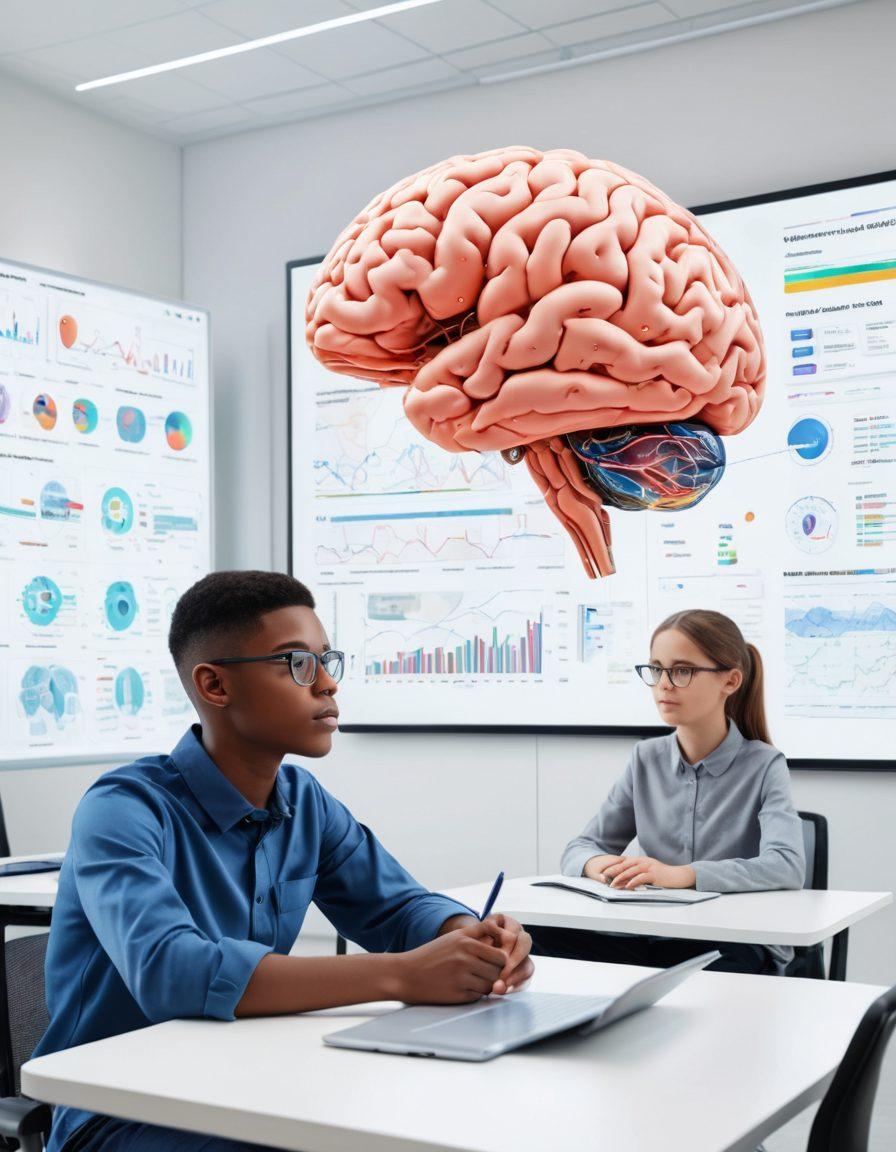 A futuristic classroom setting with students engaging in online assessments using advanced tools and holographic screens. Visual elements showcasing brain activity and cognitive resources being analyzed through AI, with vibrant digital interfaces and data charts surrounding them. The overall atmosphere should be bright and optimistic, reflecting innovation and the next generation of learning. super-realistic. vibrant colors. white background.