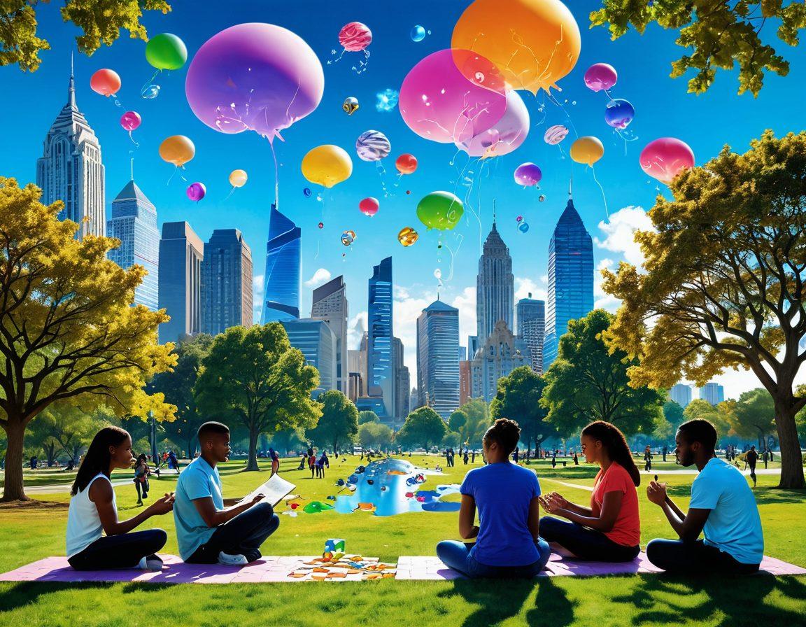 A dynamic scene of a diverse group of individuals engaging in various brain-challenging activities, such as puzzles and mind games, in a vibrant urban park. The backdrop features a futuristic skyline, symbolizing growth and potential, while colorful thought bubbles filled with symbols of intelligence and creativity hover above. Include a clear sky with motivational quotes subtly integrated into the environment. super-realistic. vibrant colors. 3D.