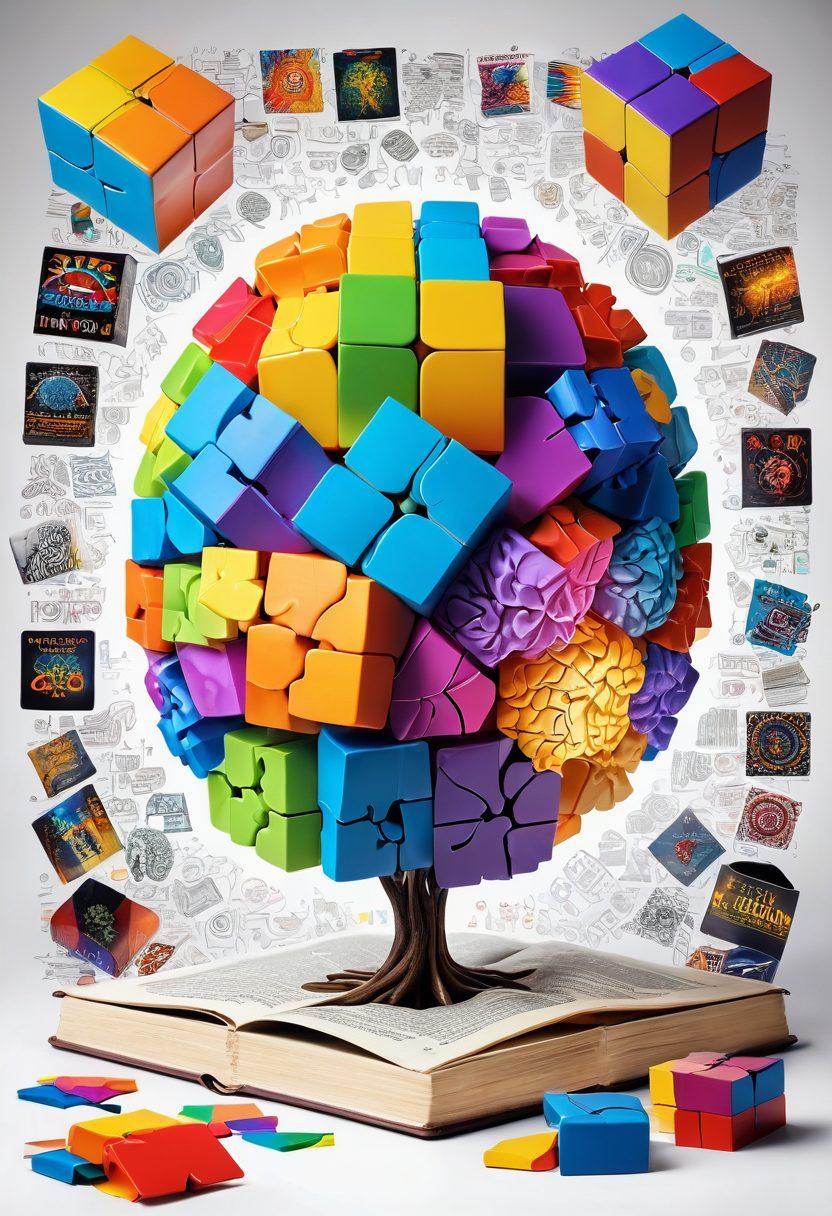 A vibrant collage of brain-themed puzzles and challenges, showcasing colorful brain teasers, a Rubik's cube, insightful books, and a glowing human brain at the center, emphasizing intelligence and engagement. The background should be filled with abstract shapes representing thought processes. super-realistic. vibrant colors. white background.